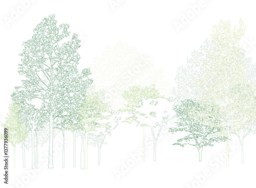 Architectural Drawings, Minimal style cad tree line drawing, Side view, set of section wetland forest outline for landscape design drawing. Vector illustration in separate element