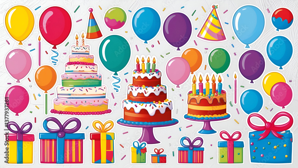 Fototapeta premium A vibrant assortment of birthday party stickers showcasing playful balloons tasty cakes and beautifully wrapped gifts.