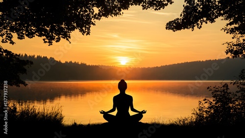 マインドフルネス瞑想するビジネスパーソン、オフィスの静かな一角、ウェルネスと仕事