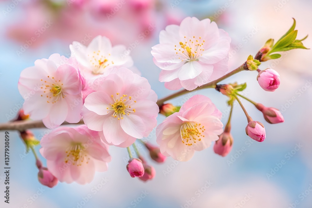Cherry Blossom Branch with Soft Pink Flowers in Bloom on Bright Spring Day, Nature Concept Cherry Blossom Branch with Soft Pink Flowers in Bloom on Bright Spring Day, Nature Concept
