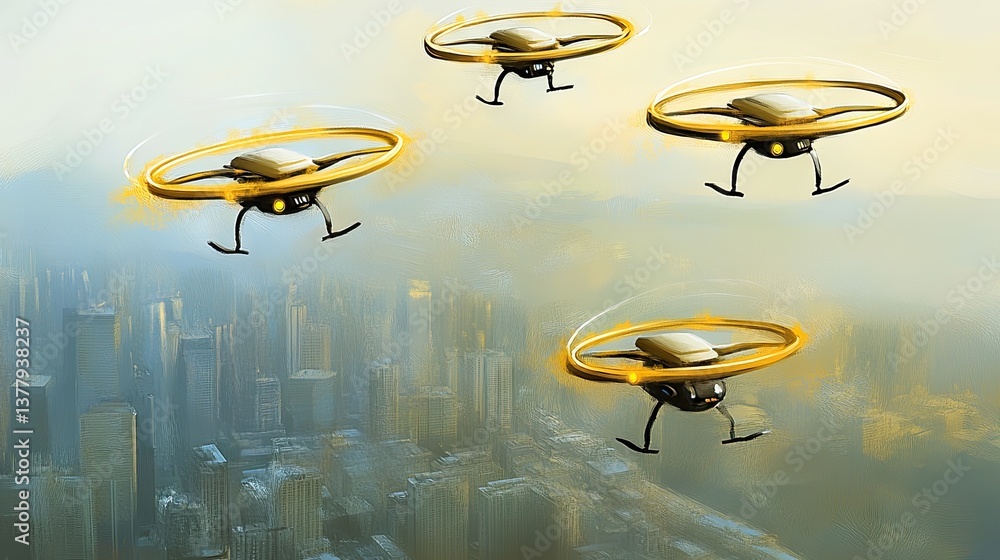 Fototapeta premium Four drones fly over a hazy cityscape
