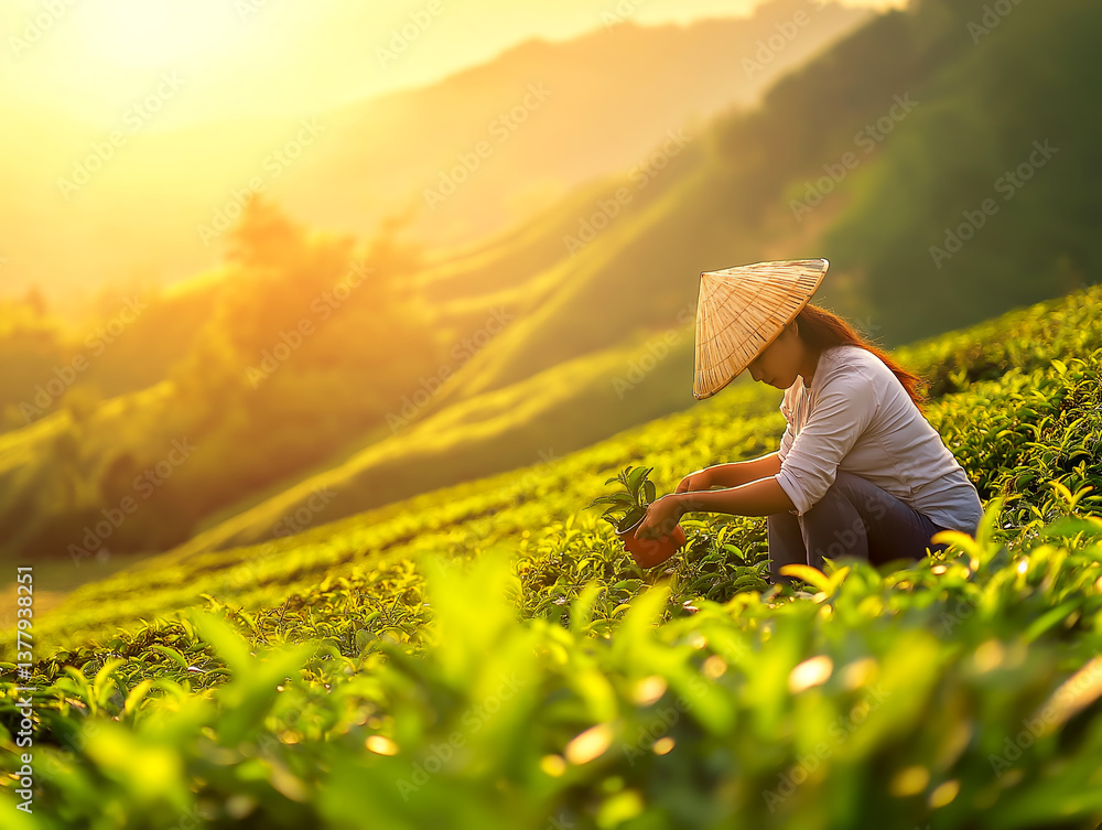 Fototapeta premium Woman harvesting tea leaves in mountainous plantation at sunset