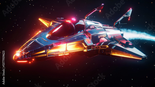 Wallpaper Mural vibrant chrome spaceship with a smooth bullet-like form, hovering mid-air with vapor trail, polished reflective textures in neon lighting Torontodigital.ca