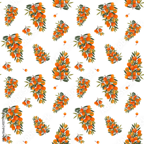 Seamless vector pattern with sea buckthorn berries, leaves, and branches, natural and elegant design.