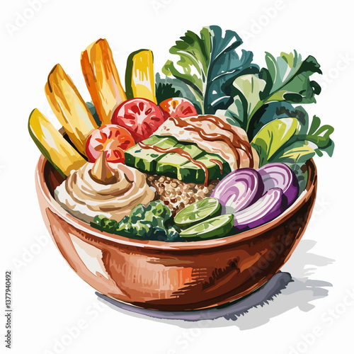 Watercolor Mediterranean Grain Bowl with Hummus and Greens