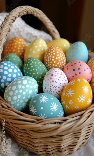 A basket full of painted eggs in various colors and designs. The basket is placed on a table or a surface