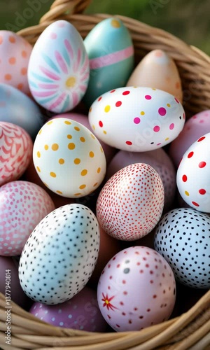 A basket full of painted eggs with polka dots and stripes. The eggs are in various colors and sizes, and they are arranged in a basket. The basket is made of wicker and is placed on a surface