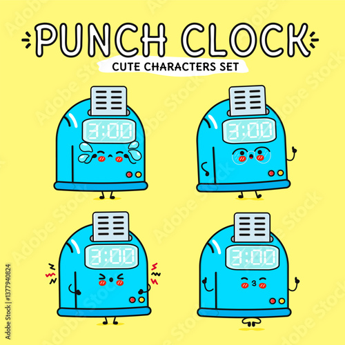 Cheerful punch clock characters express a range of emotions in a cute, cartoon style design