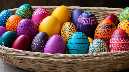 A basket full of colorful painted eggs. The eggs are of different colors and sizes, and they are arranged in a basket. The basket is placed on a wooden surface