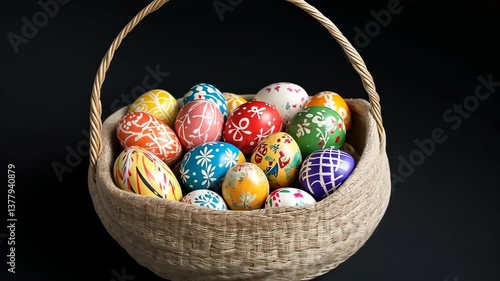 A basket full of colorful eggs with a brown handle. The basket is filled with a variety of eggs, including some that are painted with different colors and designs