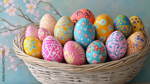 A basket full of Easter eggs with different colors and designs. The basket is placed on a table with a blue background