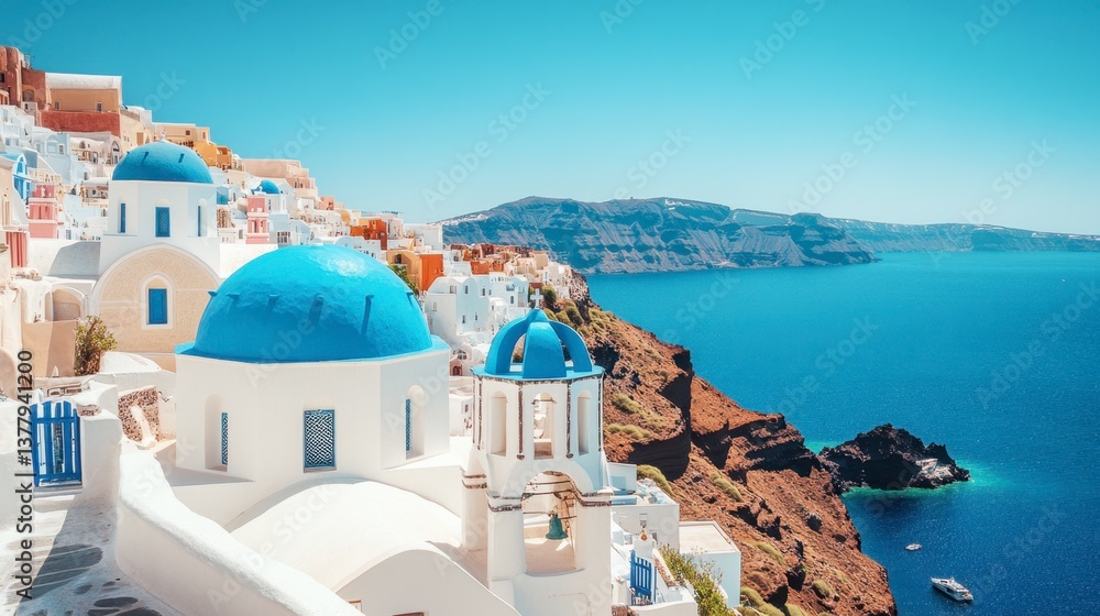 Obraz premium A breathtaking view of Santorini, Greece, with its iconic white-washed buildings and blue-domed churches overlooking the Aegean Sea.