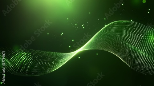 Background with glowing green lines and particles of data flowing in the air. abstract technology background. green wave tech background