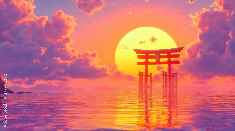 A dramatic sunset over the floating torii gate of Itsukushima Shrine, reflecting in the gentle waves A dramatic sunset over the floating torii gate of Itsukushima Shrine, reflecting in the gentle waves