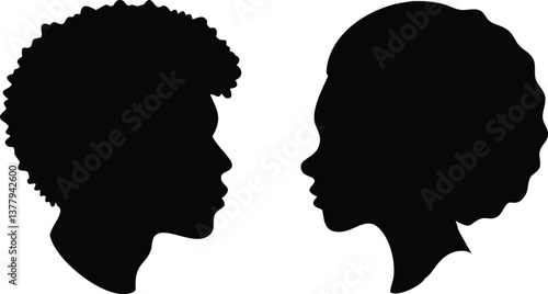 Afro Silhouette Black Woman & Man, Hair, Isolated, Black & White, Side Profile Portrait