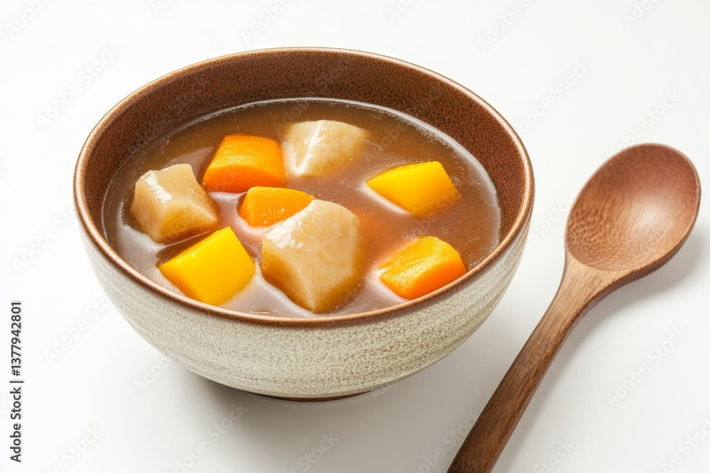 Bowl of sweet potato and pumpkin soup, wooden spoon, studio shot Bowl of sweet potato and pumpkin soup, wooden spoon, studio shot