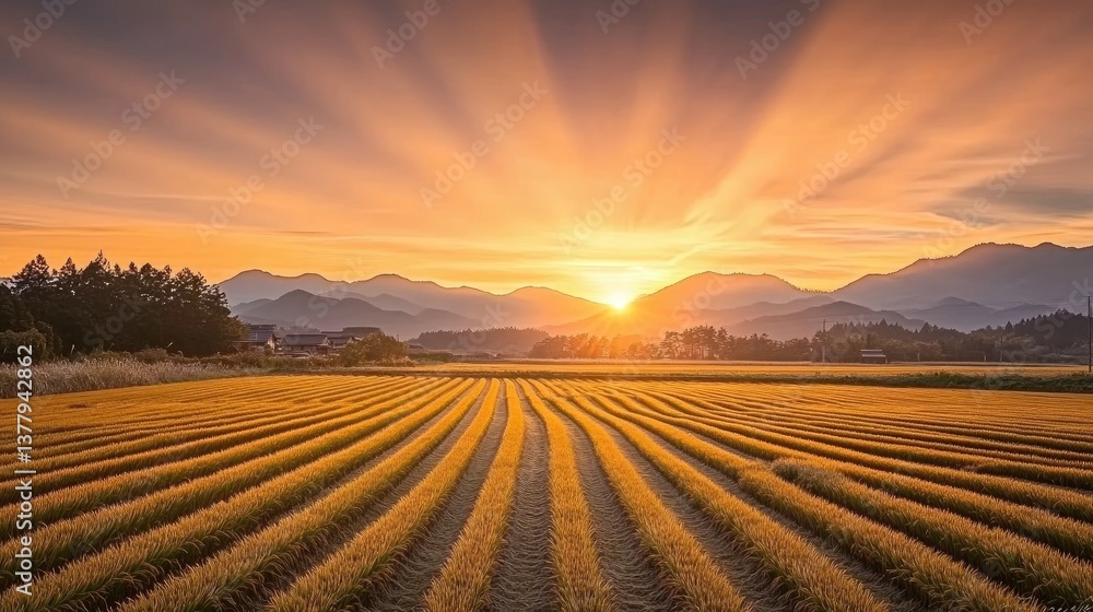 Fototapeta premium A golden rice field in Japan stretching towards a distant mountain range under a soft sunset glow