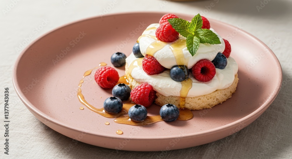 Delicious dessert with fresh berries and cream served on a modern plate in a cozy setting Delicious dessert with fresh berries and cream served on a modern plate in a cozy setting