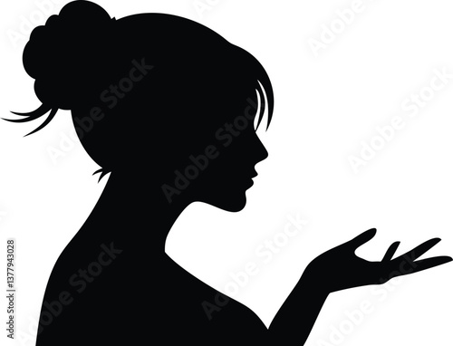 Black Silhouette of Woman with Updo Hairstyle & Extended Hand on Isolated White