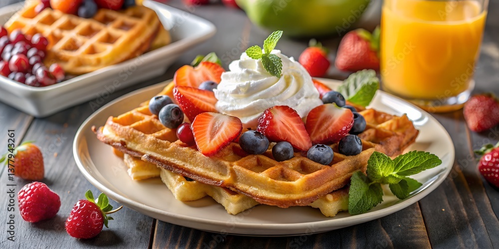 A delightful brunch spread featuring golden waffles topped with fresh berries, whipped cream, and drizzled syrup. A delightful brunch spread featuring golden waffles topped with fresh berries, whipped cream, and drizzled syrup.