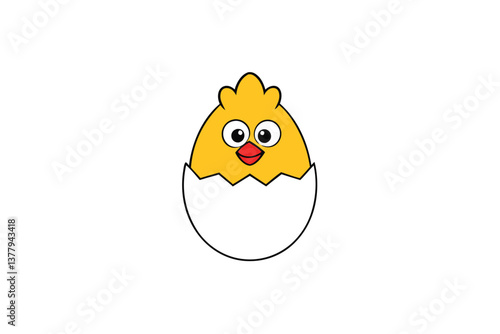 A cute yellow cartoon chick and egg celebrate a happy spring Easter holiday