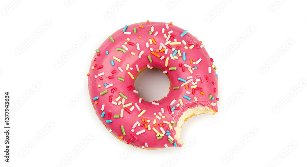 Pink Donut with Sprinkles on White Background - Sweet Treat Delight Pink Donut with Sprinkles on White Background - Sweet Treat Delight