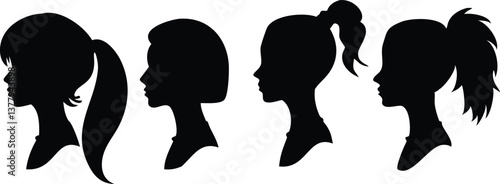 Female Head Silhouettes Diverse Hair Styles, Ponytails, Elegant Portraits in Black