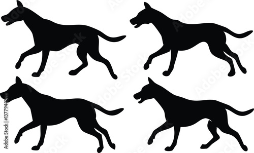 Four Black Dog Silhouettes, Running Canines Isolated on White, Animal, Mammal, Pet