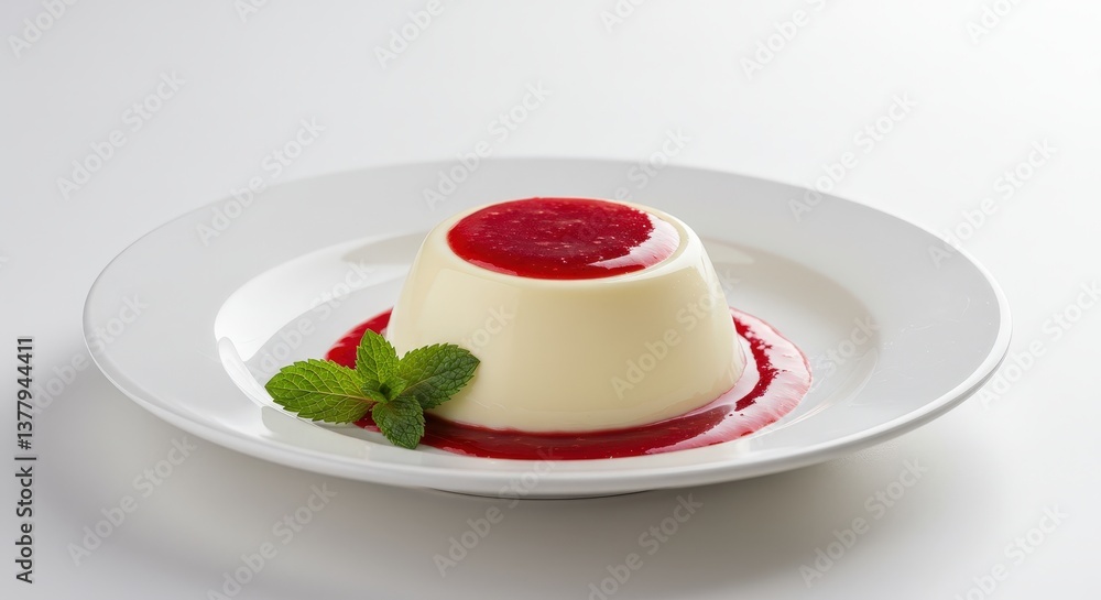 Delicious Italian panna cotta served with fresh raspberry coulis on a white plate Delicious Italian panna cotta served with fresh raspberry coulis on a white plate