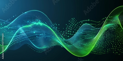 Background with glowing light blue and green lines, particles of data flowing in the air. abstract technology background. green wave tech background
