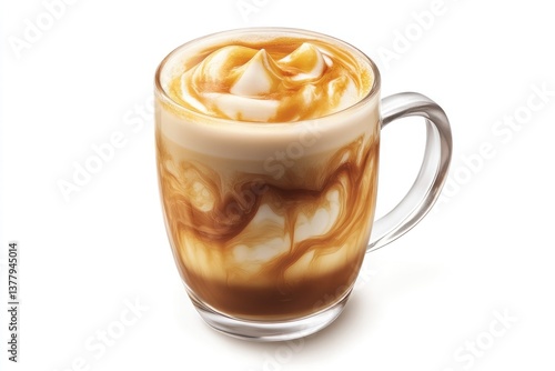 A clear glass mug filled with a caramel latte topped with whipped cream and caramel drizzle on white