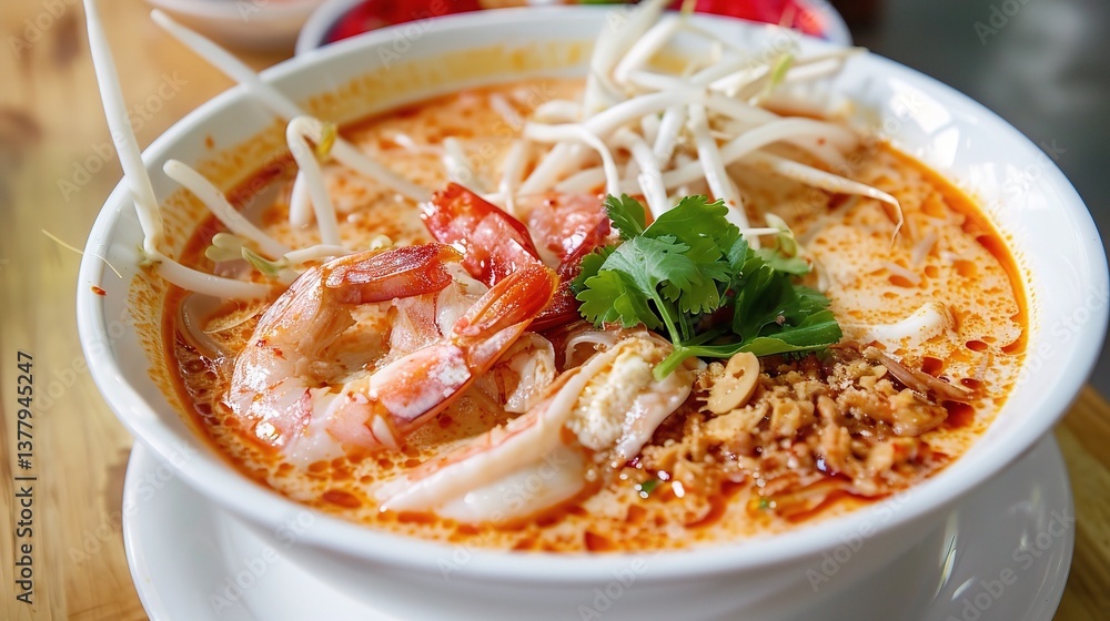 An appealing bowl of laksa is presented. The laksa features thick, chewy rice noodles submerged in a rich, spicy and creamy coconut - based broth. The broth is a complex blend of various spices An appealing bowl of laksa is presented. The laksa features thick, chewy rice noodles submerged in a rich, spicy and creamy coconut - based broth. The broth is a complex blend of various spices