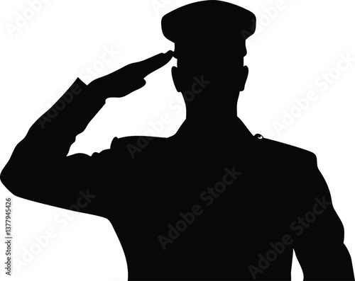Silhouette of a Man in Military Uniform Giving a Salute with Flat Cap on White
