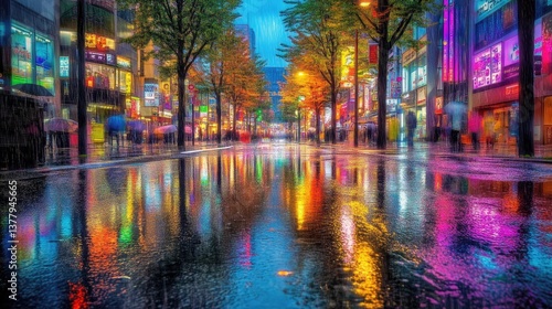 A moody, rain-soaked street in Akihabara with neon lights reflecting off puddles