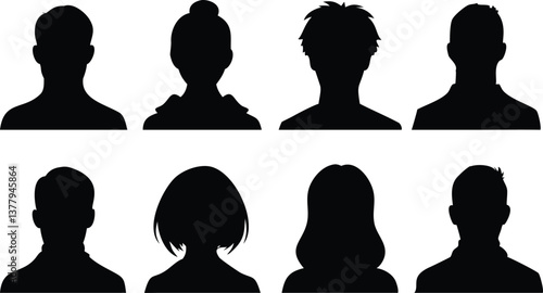 Silhouette People Headshots Diverse Crowd Profile, Back View, Anonymous Portraits