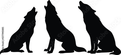 Silhouette of Three Howling Wolves Sitting on White Background, Wildlife Animal Design