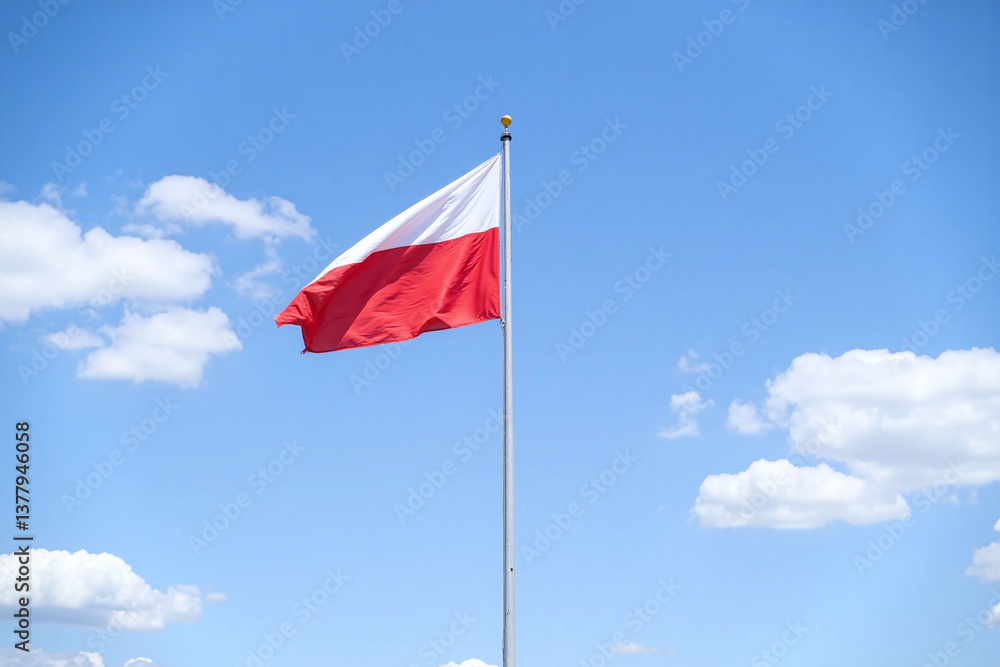 red and white flag flying high in the sky red and white flag flying high in the sky