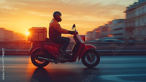 A courier on a motorbike delivering food at sunset with a stunning cityscape in the background