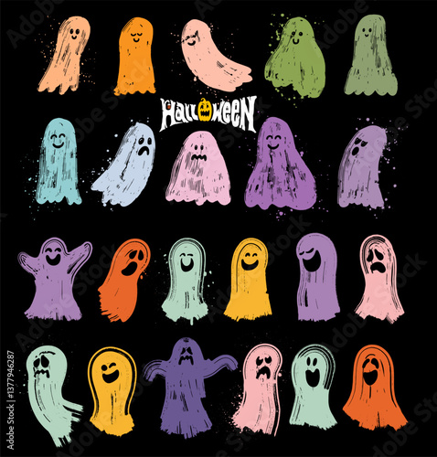Big set of rainbow pastel ghost, watercolor vector. Halloween, Ghost, Ghouls, Wall Art, Gift. Collection of trendy vector for Halloween. Spooky Season. Template baby creepy book characters for kids.