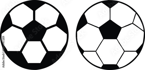 Two Soccer Balls, Black Outline and Infill Isolated on White, Minimalist Style