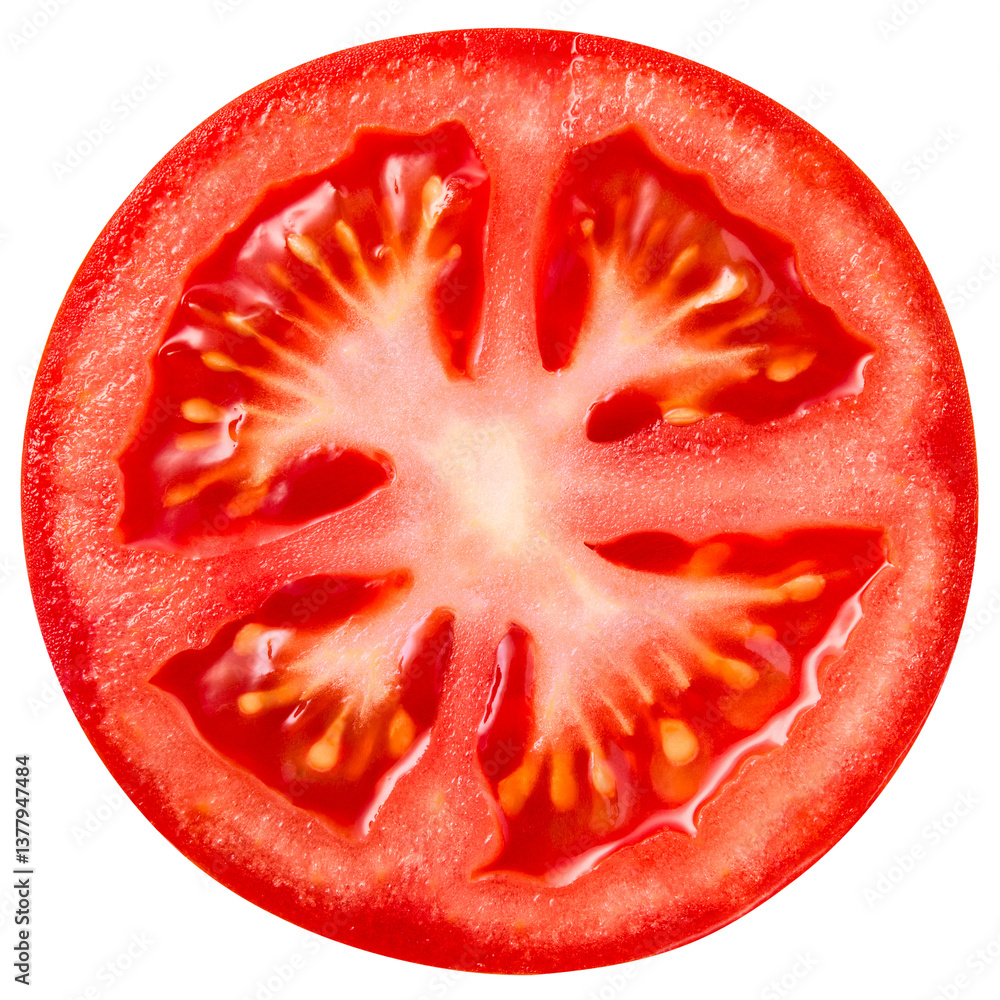 Fototapeta premium Tomato slice isolated png. Tomato round slice on transparent background. Tomato slice png no background. Top view. Full depth of field.