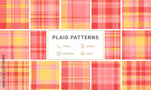 Trendy plaid fabric designs with geometric stripes, offering classic rustic charm for fashionable material prints or decorative backgrounds.