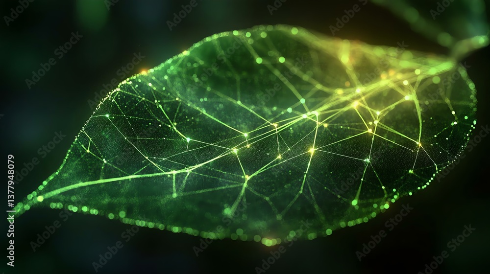 A close-up of a glowing green leaf with intricate patterns resembling digital technology and nature's beauty. A close-up of a glowing green leaf with intricate patterns resembling digital technology and nature's beauty.