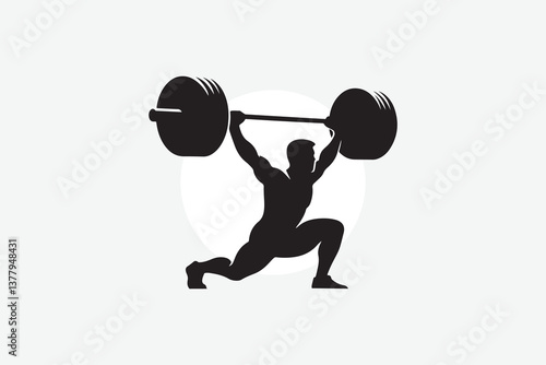 minimal black silhouette of a person performing a snatch lift. The figure is in a wide stance, lifting a barbell overhead in one swift motion, arms fully extended