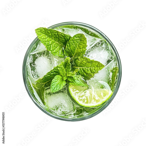 Gin tonic mojito cocktail with mint in a glass top view. Isolated on white background. PNG 