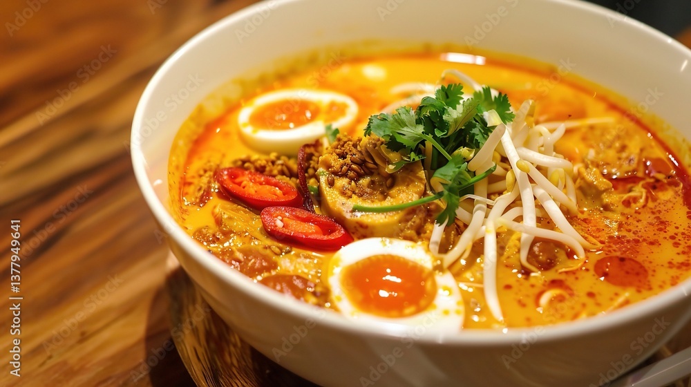 An appealing bowl of laksa is presented. The laksa features thick, chewy rice noodles submerged in a rich, spicy and creamy coconut - based broth. The broth is a complex blend of various spices An appealing bowl of laksa is presented. The laksa features thick, chewy rice noodles submerged in a rich, spicy and creamy coconut - based broth. The broth is a complex blend of various spices