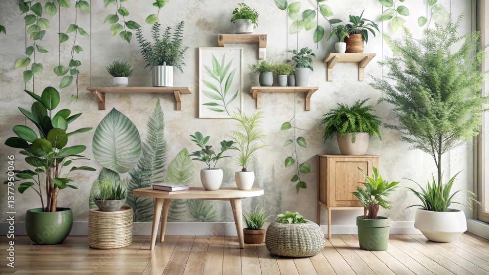 custom made wallpaper toronto digitalTranquil Indoor Oasis Featuring an Array of Lush Greenery and Stylish Wooden Accents