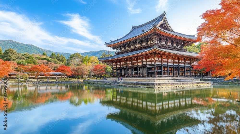 Fototapeta premium A scenic autumn view of Kyoto's Tofuku-ji Temple with a vibrant canopy of red maple leaves