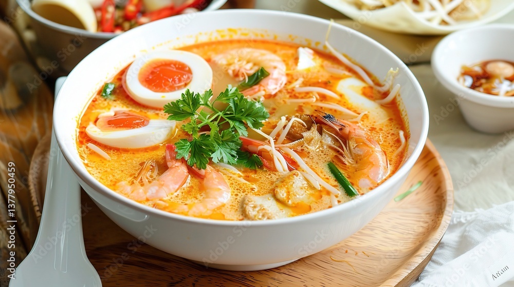 An appealing bowl of laksa is presented. The laksa features thick, chewy rice noodles submerged in a rich, spicy and creamy coconut - based broth. The broth is a complex blend of various spices An appealing bowl of laksa is presented. The laksa features thick, chewy rice noodles submerged in a rich, spicy and creamy coconut - based broth. The broth is a complex blend of various spices