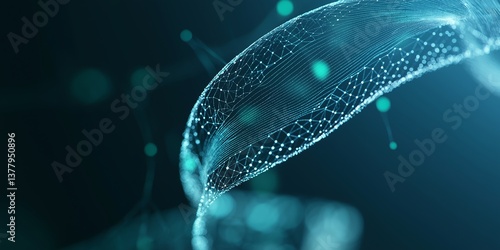 Background with glowing green lines and particles of data flowing in the air. abstract technology background. green wave tech background